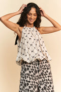 Davi & Dani Ribbon Checker Printed Tie Halter Neck Blouse Top