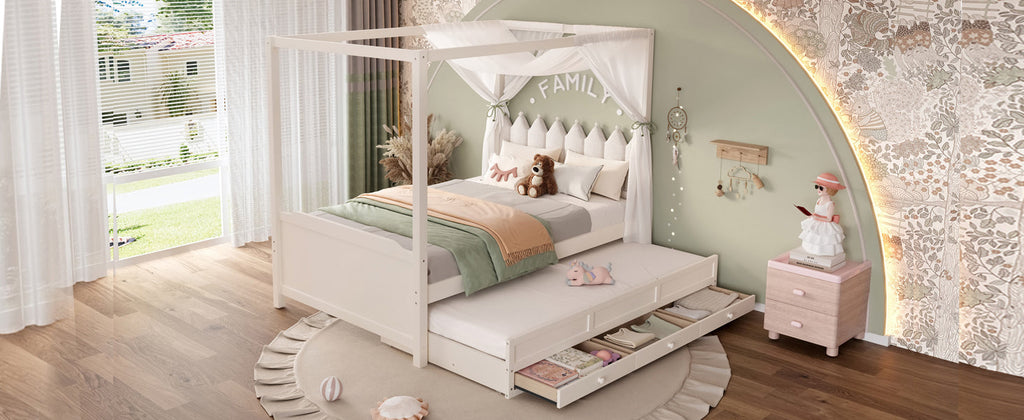 Full Platform Bed with Upholstered Headboard,Twin Size Trundle and 3 Drawers,Princess Canopy Bed Frame for Kids,Storage & Easy Assembly,Beige.