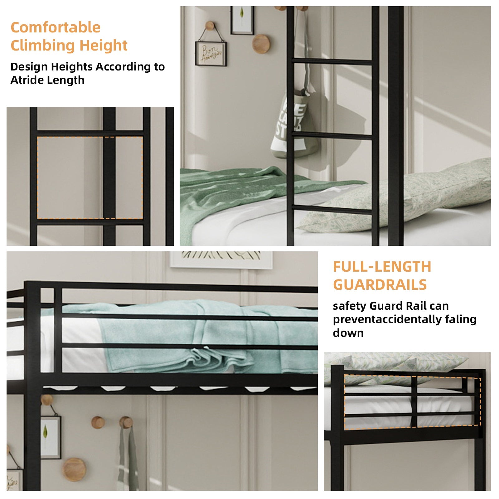 Durable Square Tube Iron Bunk Bed Featuring Safety Rails, Modern Minimalist Look, Ideal for Kids Room, Guest Room or Shared Space, Easy Assembly & Long - Lasting Performance,Full size: 137cm × 190cm