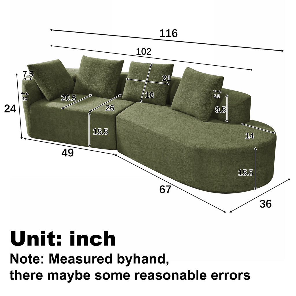 116' Modern Curved Sectional Sofa with High-Density Fully Compressed Sponge and Chaise Lounge, Pearl Upholstery, 2-Piece Set, Fully Assembled Right Hand Facing, Perfect for Living Room, Lounge