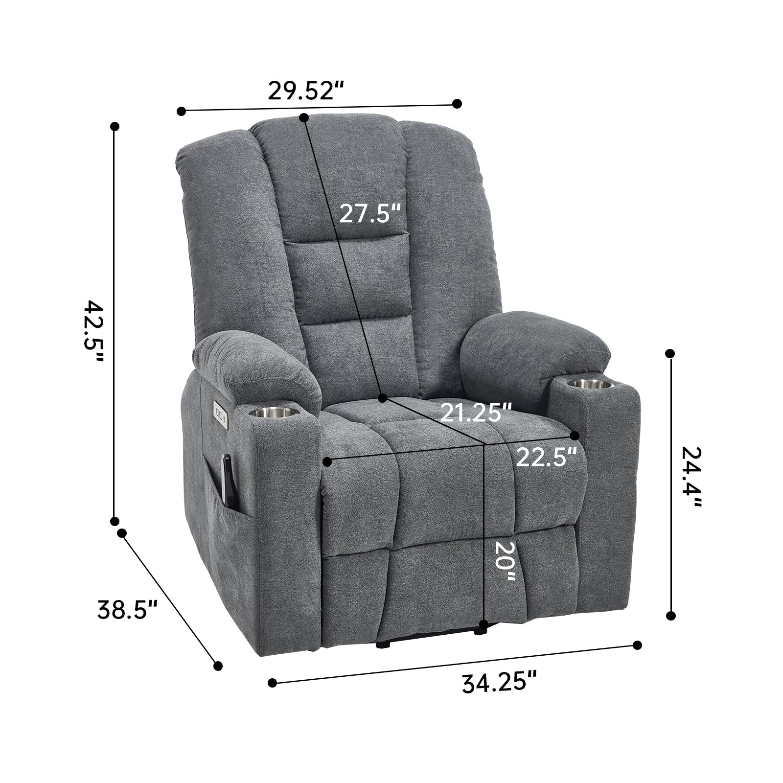 Lift Recliner Chair with Massage and Heat for Elderly, Overstuffed Wide Recliners, Heavy Duty Motion Mechanism with USB and Type C Ports, 2 Steel Cup Holders, Blue Grey