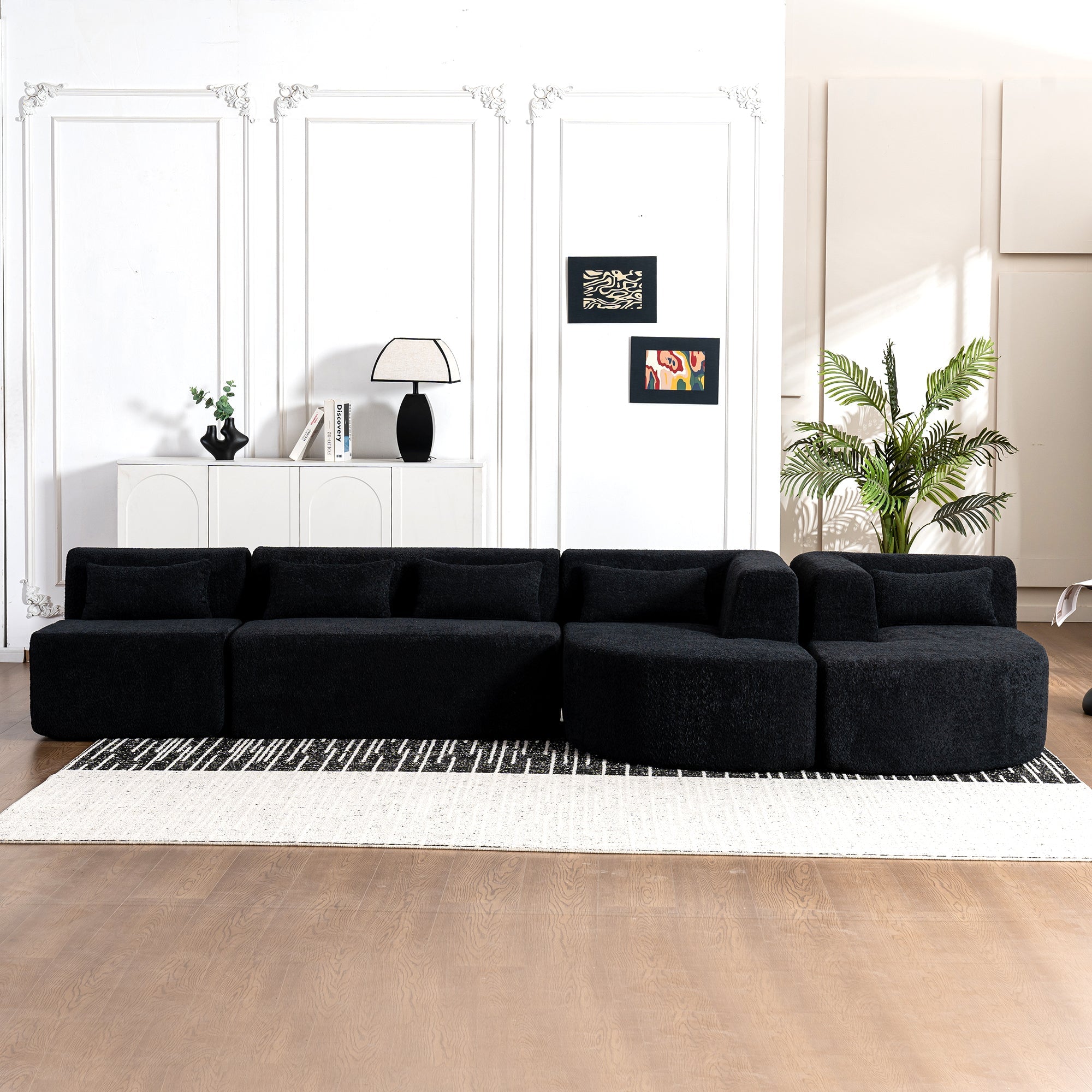 144' Upholstered Sofa Free-combined Sofa Couch with Two Chaise Lounge and Five Back Pillows for Living Room(Old SKU: N719S001600B), Black