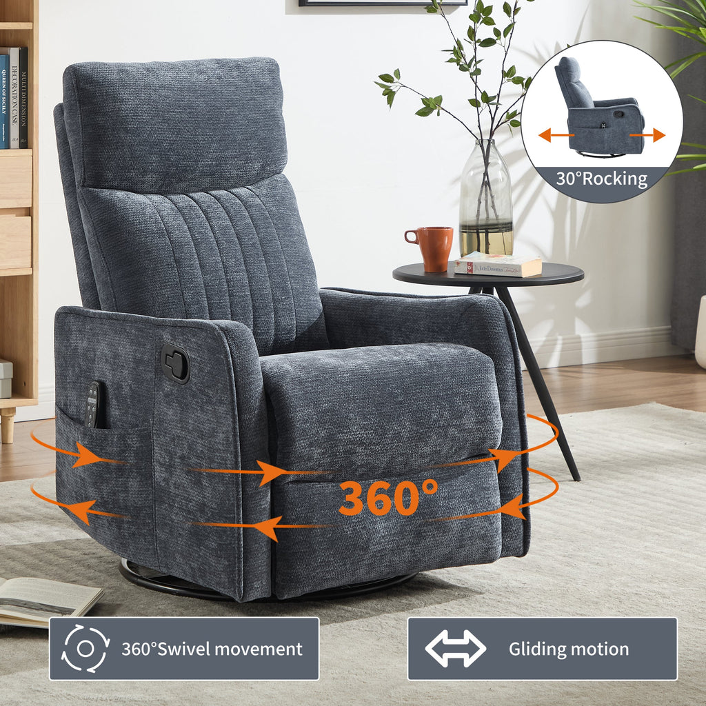Blue Heat Massage Manual Recliner Chair with Rocker and Swivel in Fabric for Living Room
