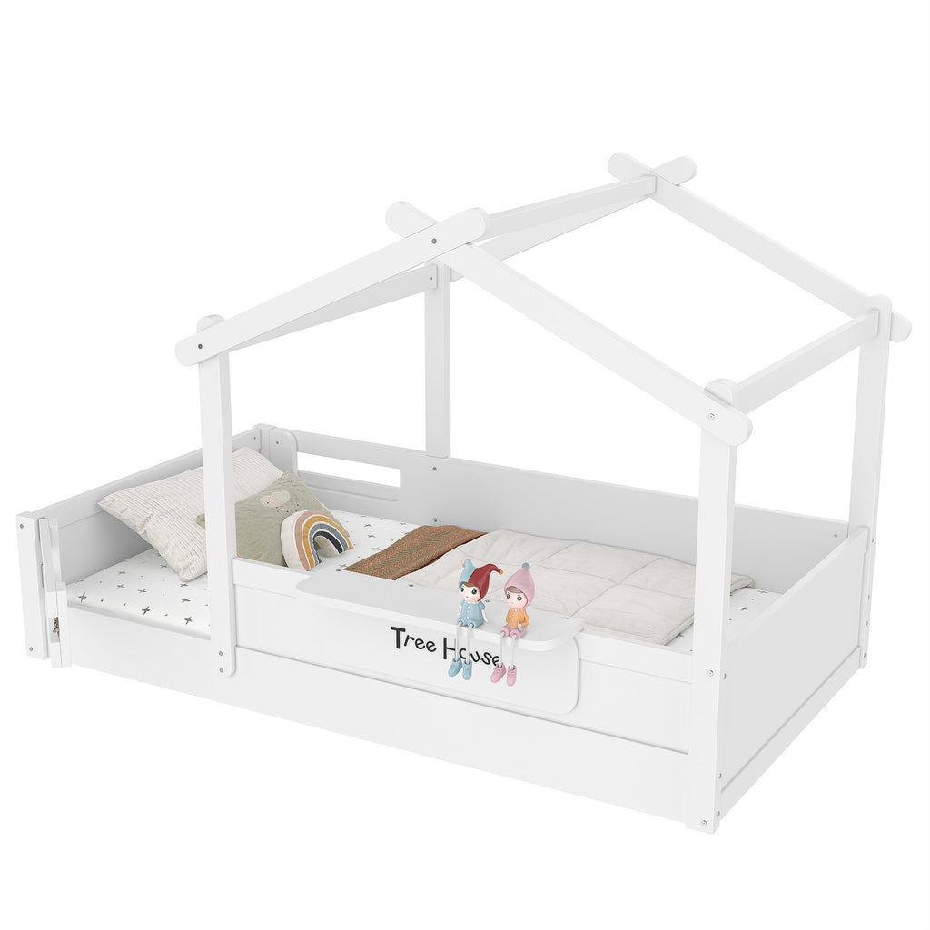 Twin Size Floor Bed with Guardrails and Roof, Kids House Floor Bed with a Small Built-in Tray and Free-installed Signboard, Childlike Design, White