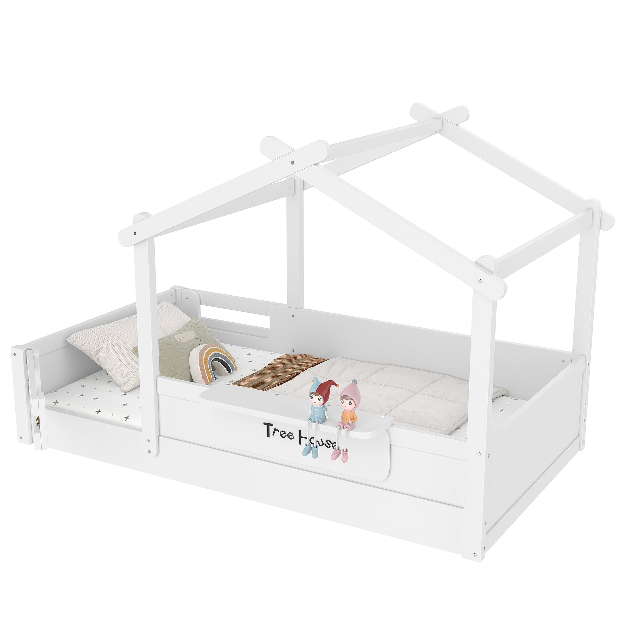 Twin Size Floor Bed with Guardrails and Roof, Kids House Floor Bed with a Small Built-in Tray and Free-installed Signboard, Childlike Design, White