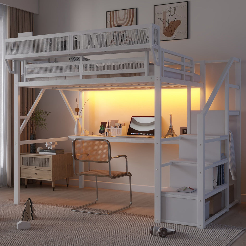 Full Loft Bed with Desk and Charging Station, Full Size Metal Loft Bed with Stairs and Light for Kids Teens,White OLD  SKU W2580S00046