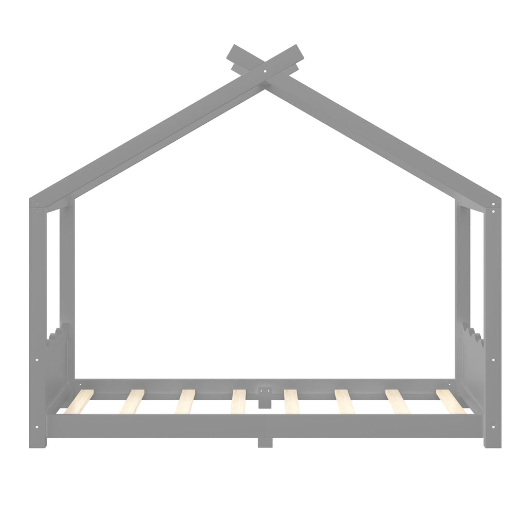 Twin House Floor Bed with Support Slats, Solid Wood House Bed Frame for Kids, No Box Spring Needed and Opening Constructure, Gray