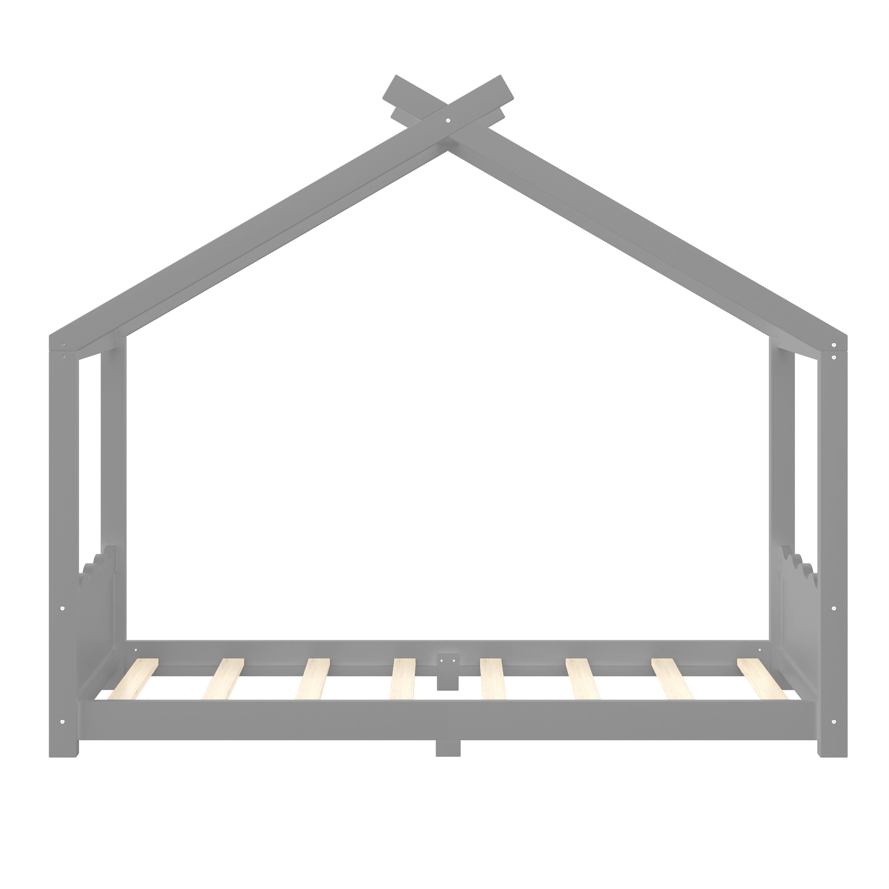 Twin House Floor Bed with Support Slats, Solid Wood House Bed Frame for Kids, No Box Spring Needed and Opening Constructure, Gray