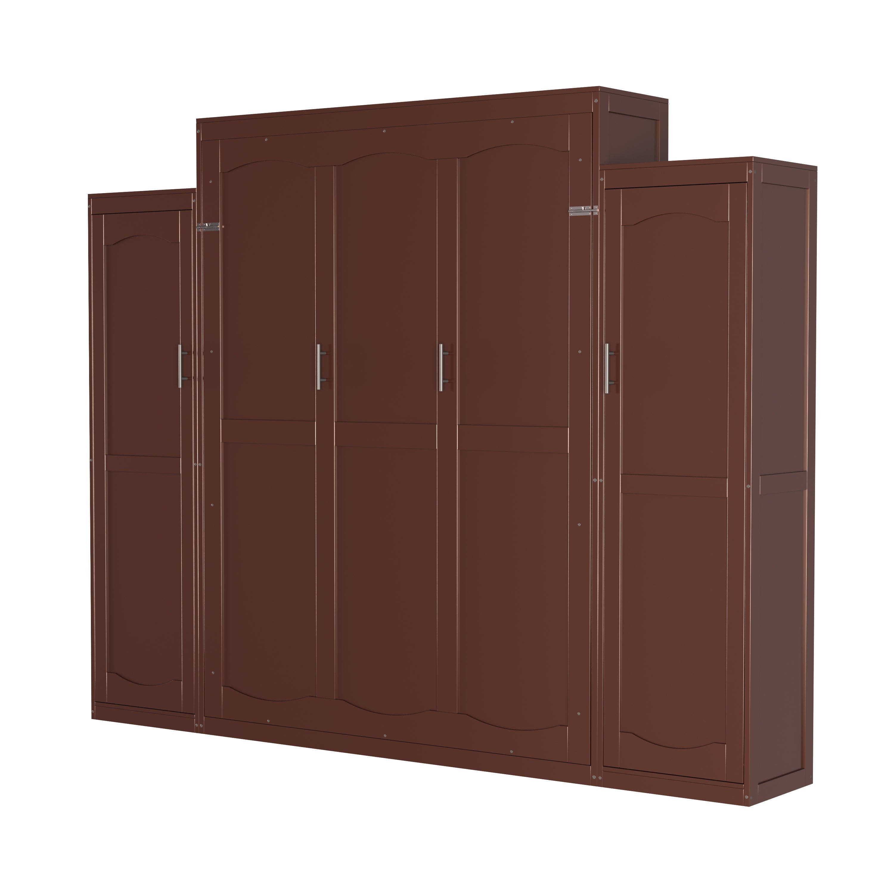 Queen Size Murphy Bed, Wooden Queen Wall Bed with 2 Wardrobe and Storage Shelf, Multifunctional Foldable Platform Bedframe for Guest-Room, Bedroom, Walnut