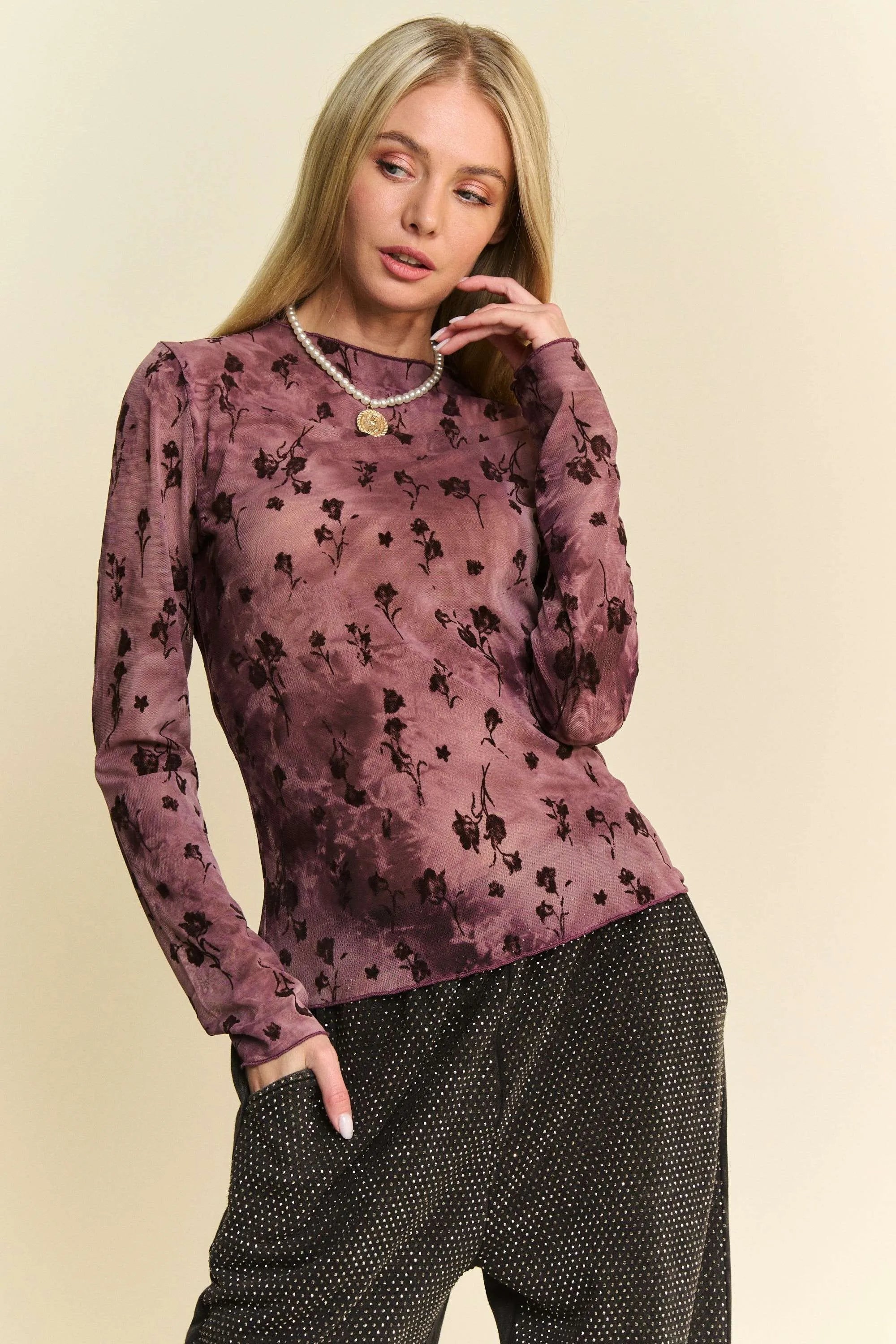 Davi & Dani Floral Mesh Long Sleeve Sheer Layering Top