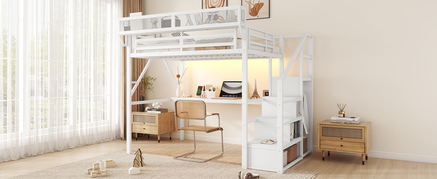 Full Loft Bed with Desk and Charging Station, Full Size Metal Loft Bed with Stairs and Light for Kids Teens,White OLD  SKU W2580S00046