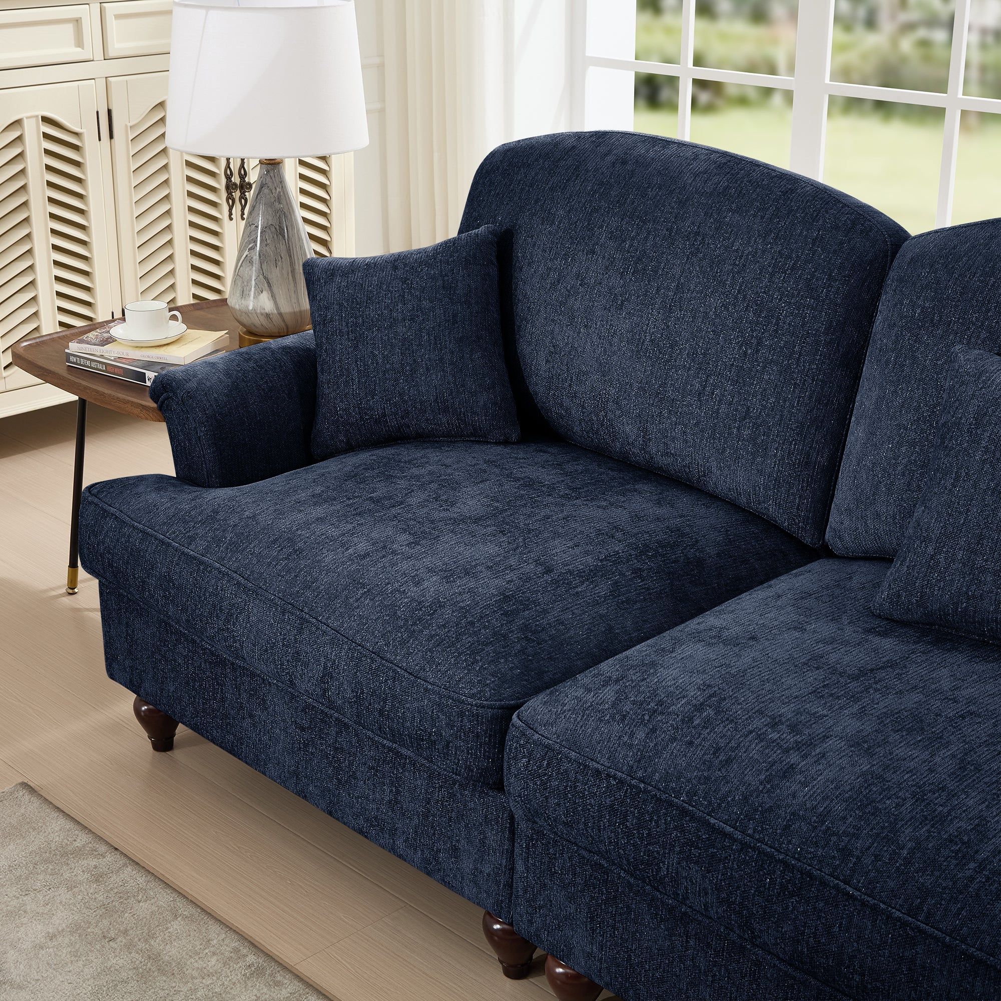Classic Three Seater Modular L Shaped Sectional Couch with Flared Arms and Removable Ruffles Pleats Skirts and Spindle Legs, Comfy Chenille Four-Seat Deep Seat Sofa with Movable Ottoman, Blue