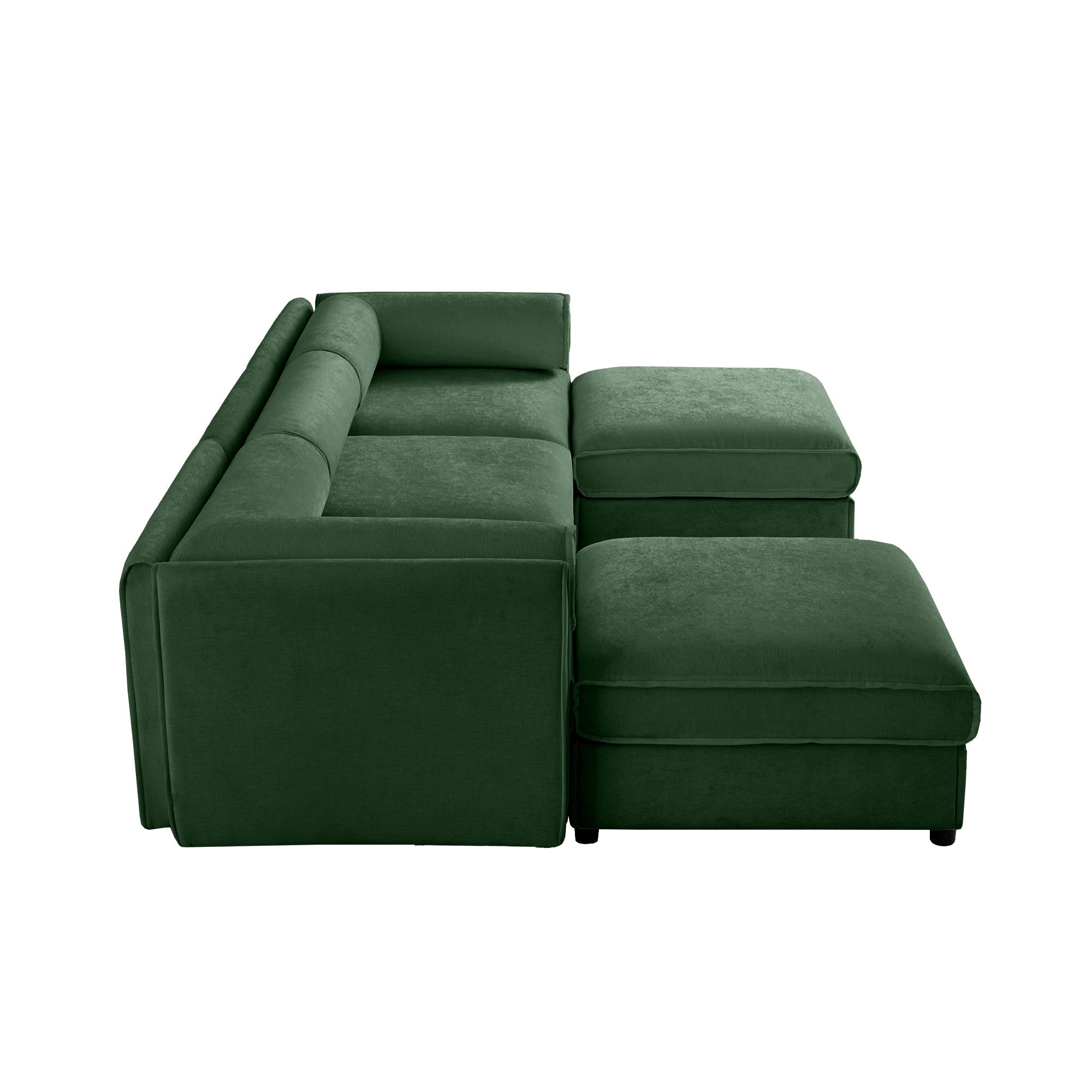 Elegant Green Chenille  Sofa with Storage Seat and Ottoman, U-Shaped 3-Seater Cylindrical Backrest and Armrests, Contemporary 3-Seater Fabric Couch with Hidden Storage Compartment