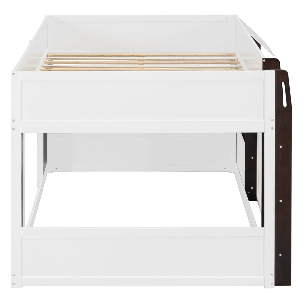 Full Loft House Bed with Playhouse & Storage, Modern Wood Cabin Bed for Kids/Teens, White+Espresso
