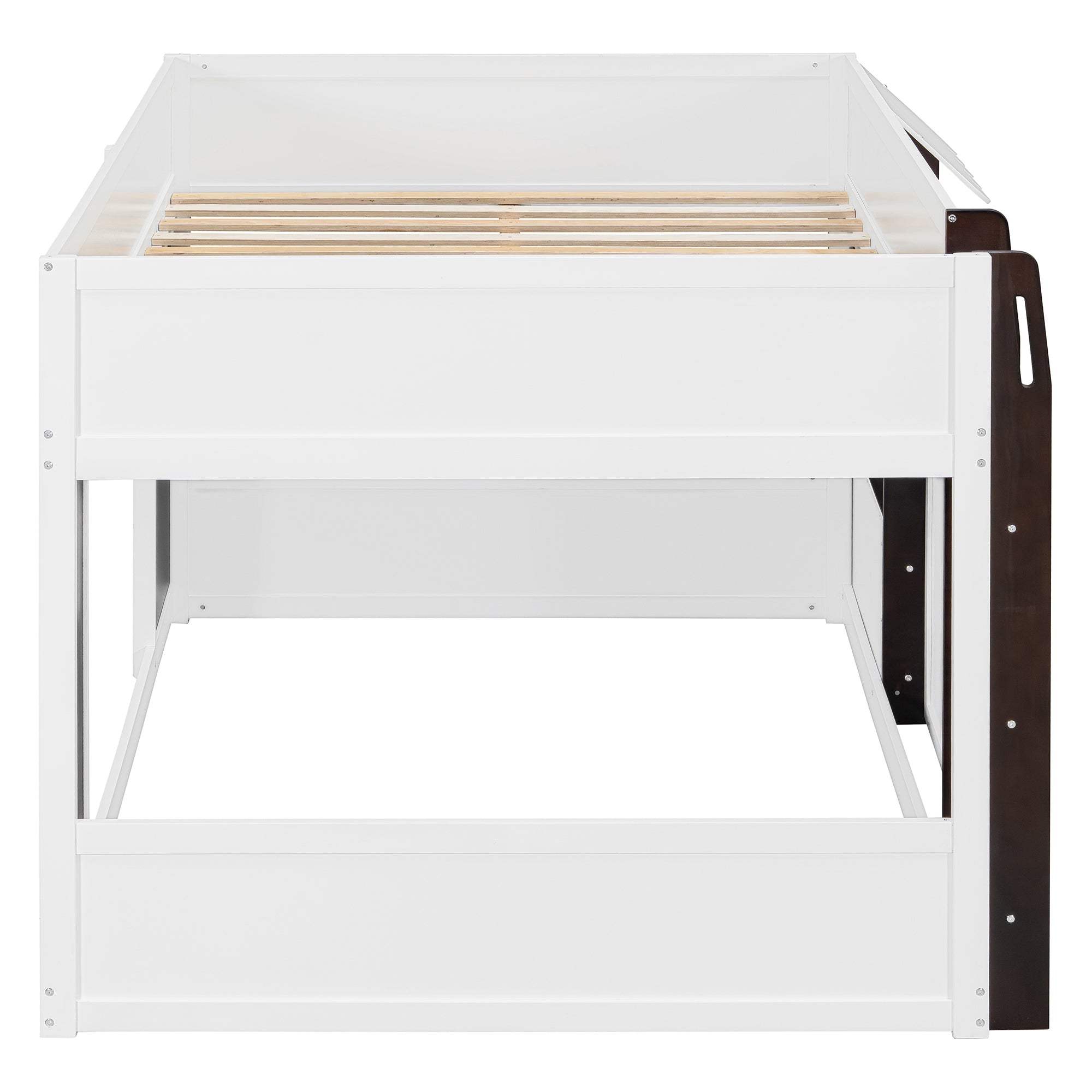 Full Loft House Bed with Playhouse & Storage, Modern Wood Cabin Bed for Kids/Teens, White+Espresso