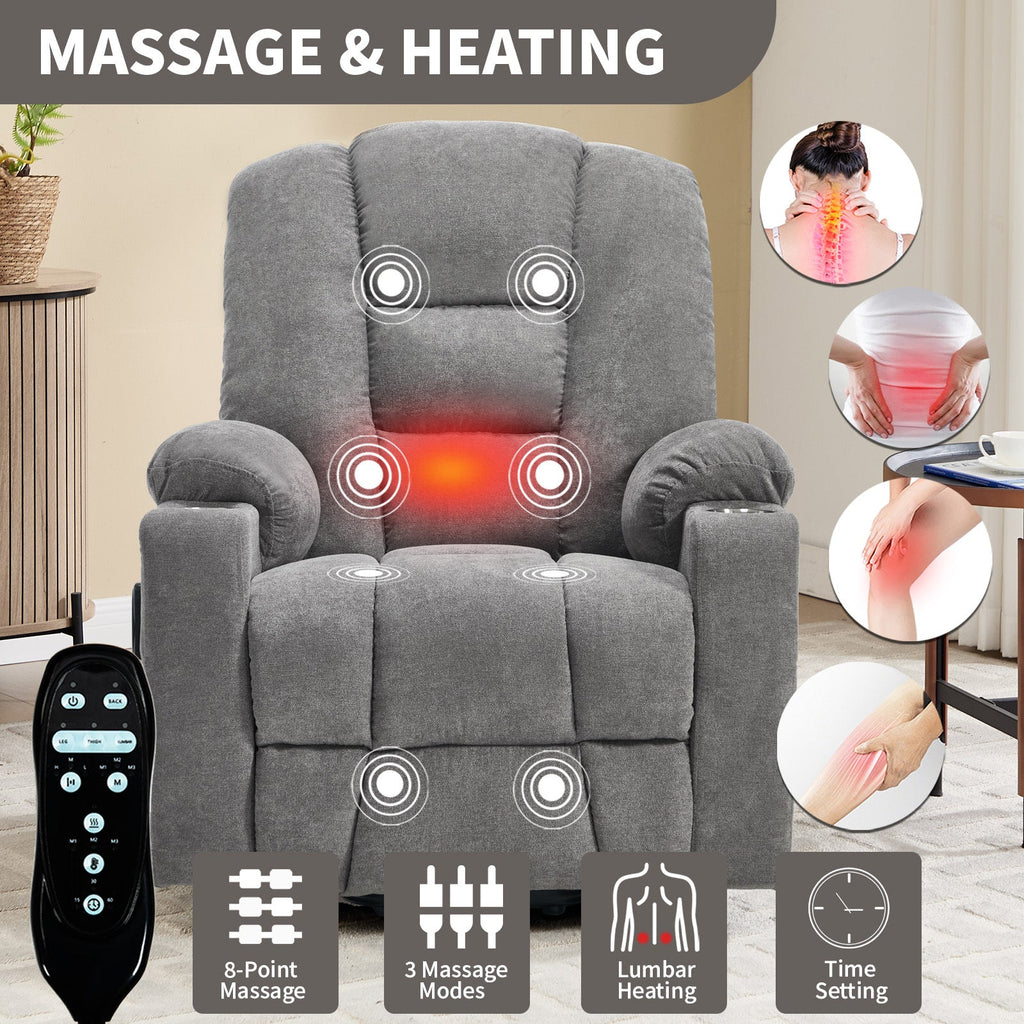 Power Lift Recliner Chair with Massage and Heat for Elderly, Overstuffed Wide Recliners, Heavy Duty Motion Mechanism with USB and Type C Ports, 2 Steel Cup Holders, Light Grey