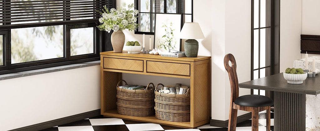TREXM 55' Console Table, Rustic Wooden Entryway Table with Storage Drawers and Open Shelf, Elegant Sofa Table for Hallway and Living Room (Natural)