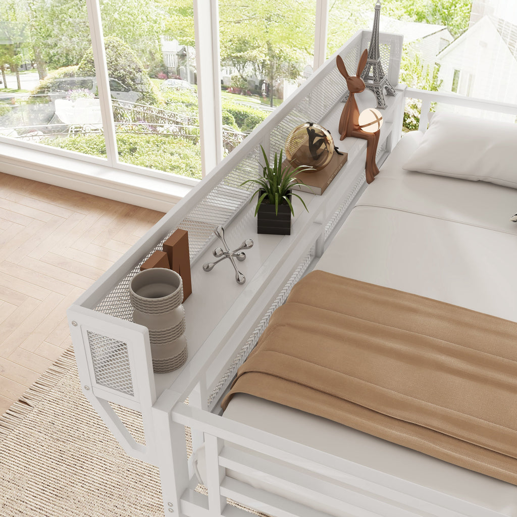Twin Size Loft Bed with Stairs, Metal Full Loft Bed with Storage Shelves, High Loft Bed with Wardrobe for Kids Teens,White(Expect Arrival Date 2025/9/22)