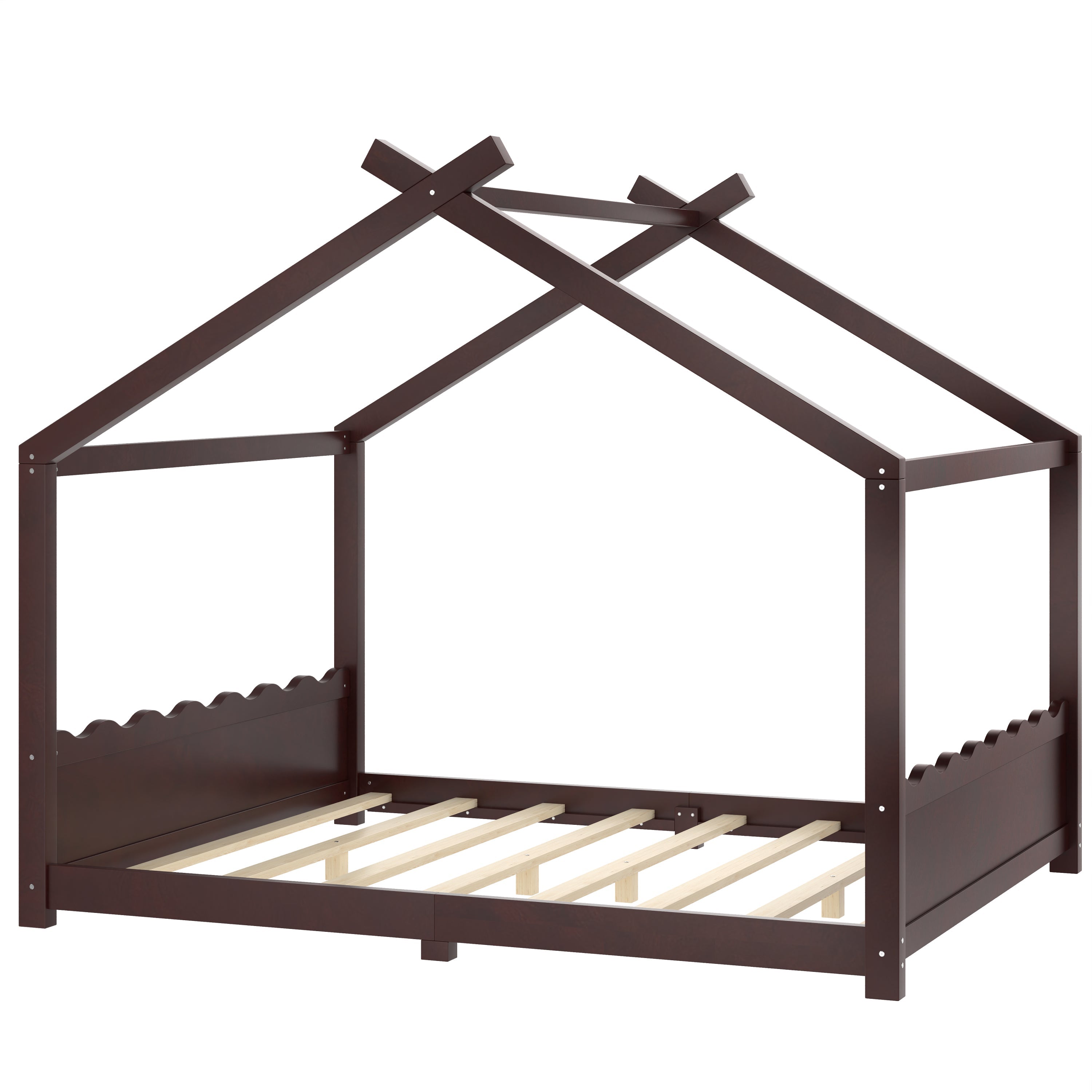 Queen House Floor Bed with Support Slats, Solid Wood House Bed Frame for Kids, No Box Spring Needed and Opening Constructure, Espresso