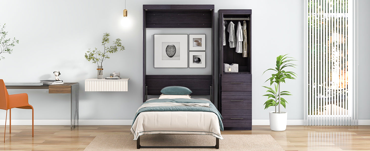 Twin Size Murphy Bed with Wardrobe and Drawers, Storage Bed, can be Folded into a Cabinet, Gray