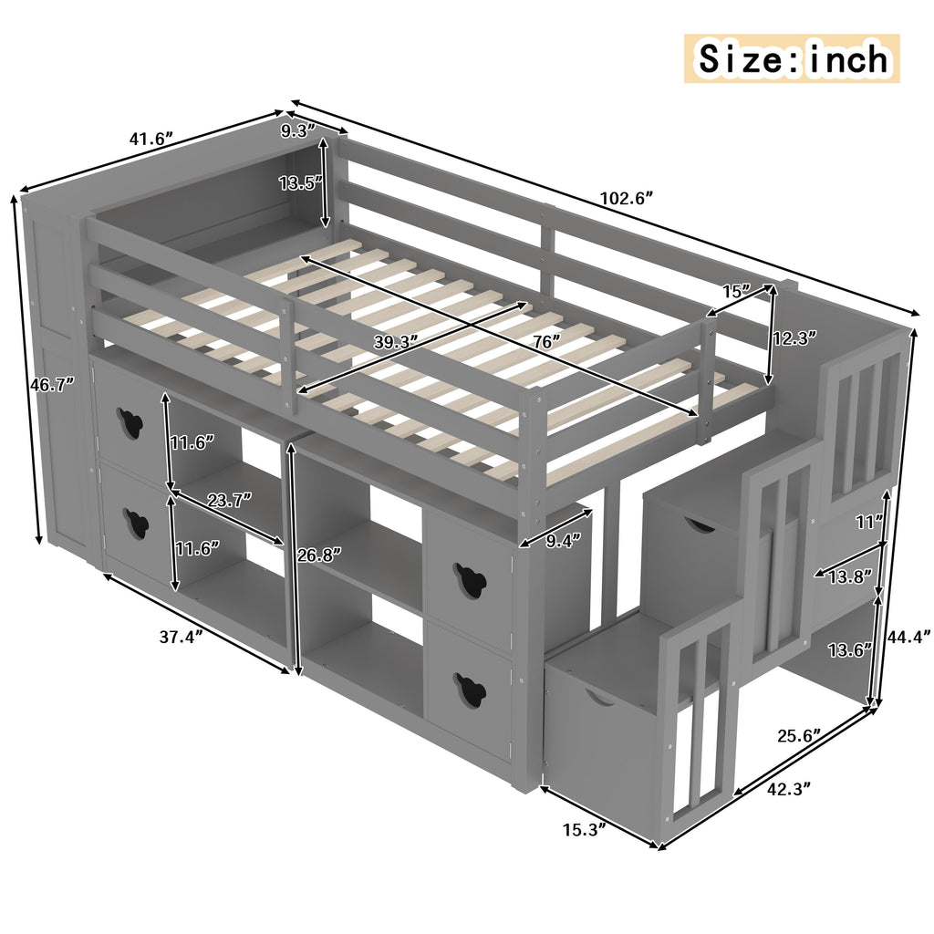 Kids Twin Loft Bed with Storage Cabinets, Staircase Drawers & LED Lights – Solid Wood Low Loft Bed with Shelves, Guardrails, and Fun Bear Handles – Space-Saving Design for Boys & Girls Bedroom