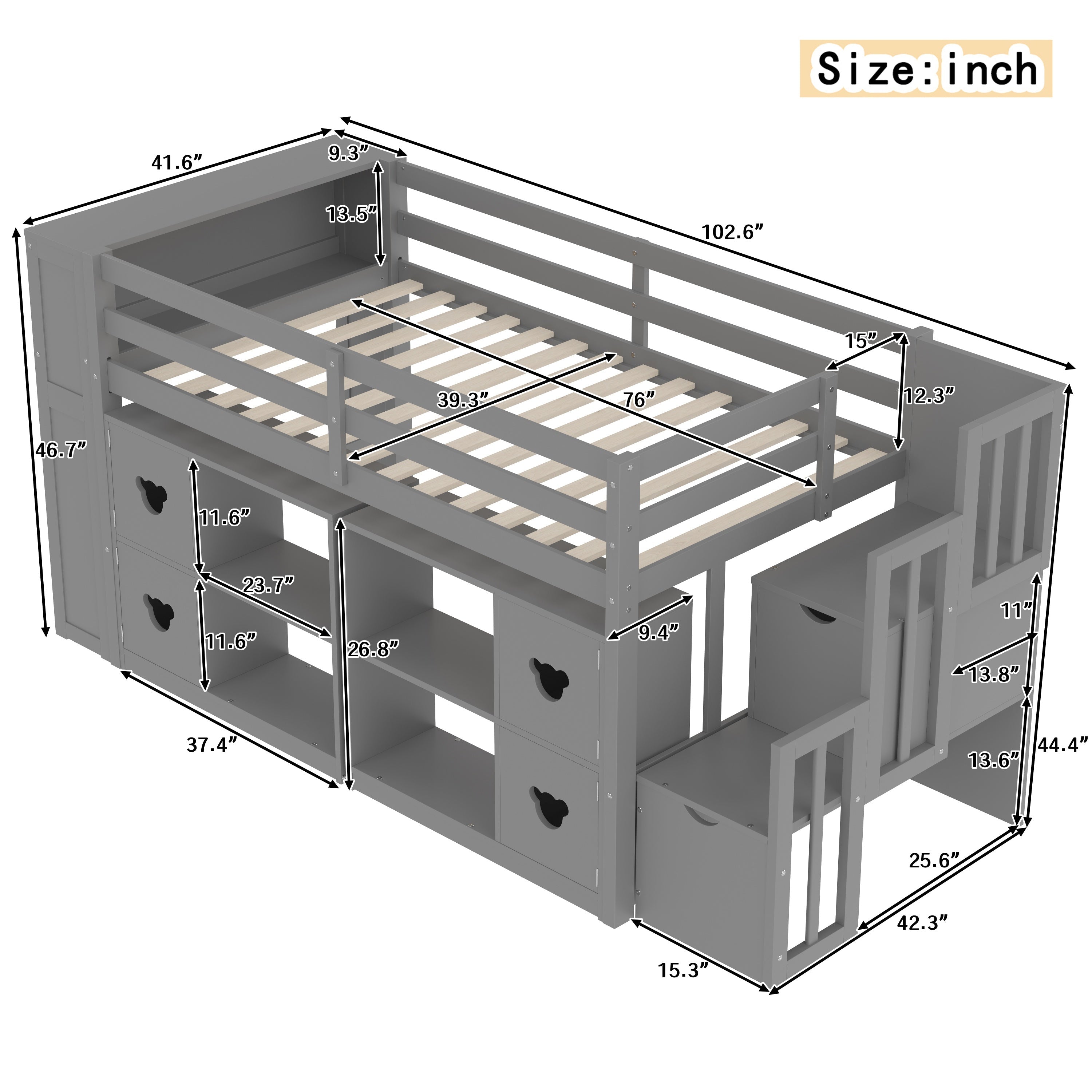 Kids Twin Loft Bed with Storage Cabinets, Staircase Drawers & LED Lights – Solid Wood Low Loft Bed with Shelves, Guardrails, and Fun Bear Handles – Space-Saving Design for Boys & Girls Bedroom