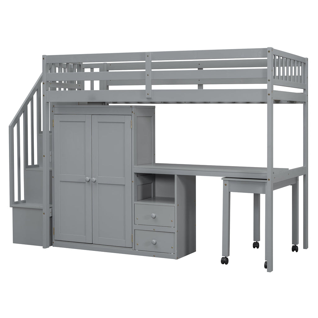 Twin Size Loft Bed with Stairs, Bookshelf, Drawers, Desk & Wardrobe – Space-Saving Multifunctional Furniture for Kids & Teens-Gray