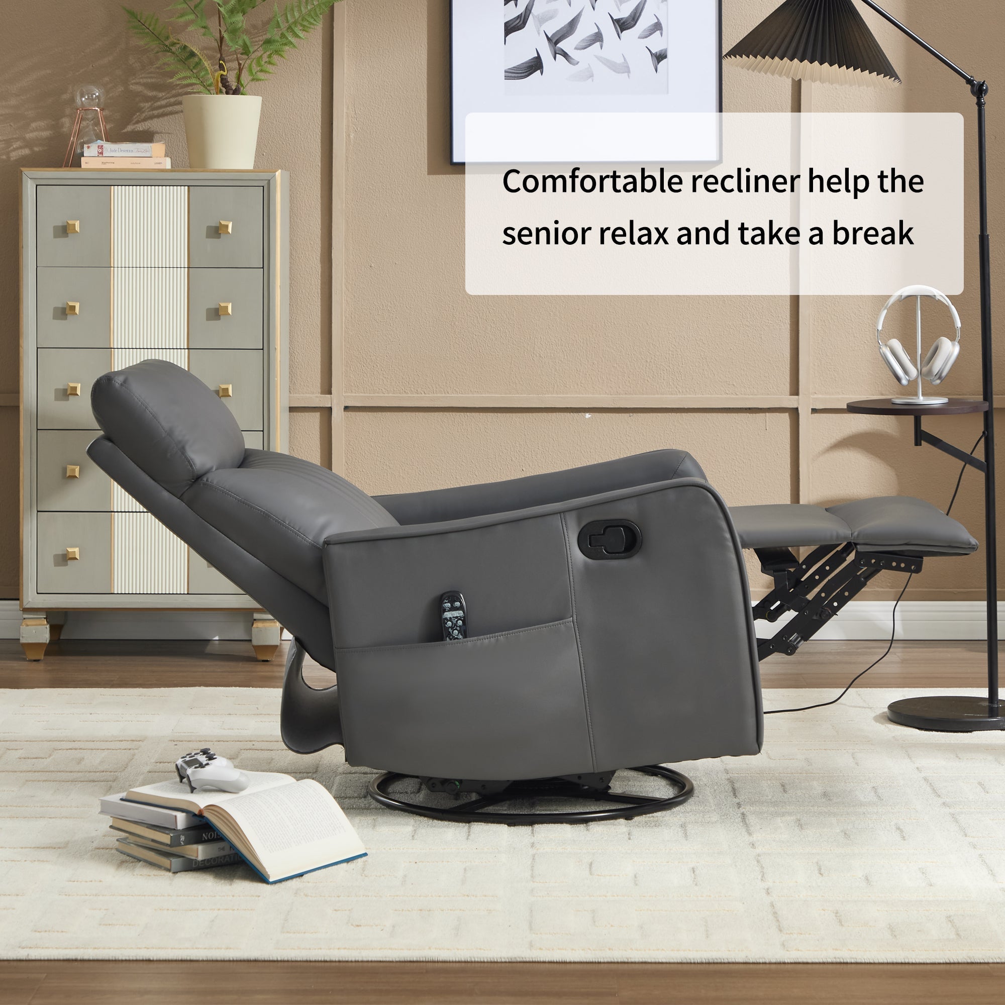 Grey Faux Leather Heat Massage Manual Recliner Chair with Rocker and Swivel for Living Room