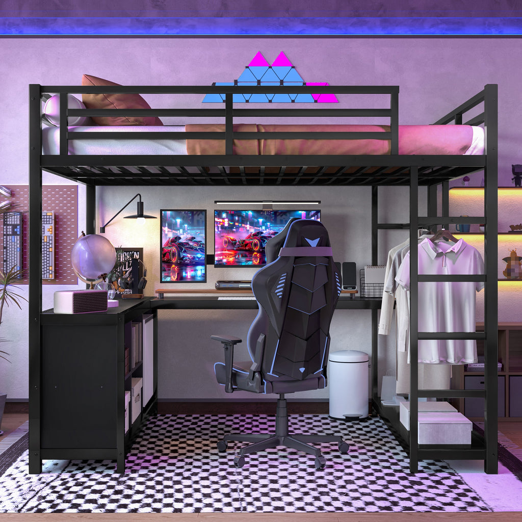 Metal Loft Bed with Wardrobe and L-shaped Desk, Full Size Loft Bed with Storage Cubes and Shelves, Loft Bed for Kids Teens Adults, Black