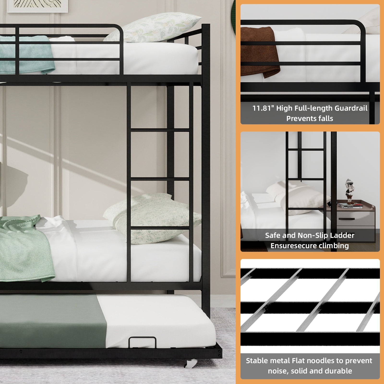 Durable Square Tube Iron Bunk Bed Featuring Safety Rails, Modern Minimalist Look, Ideal for Kids Room, Guest Room or Shared Space, Easy Assembly & Long - Lasting Performance,Full size: 137cm × 190cm