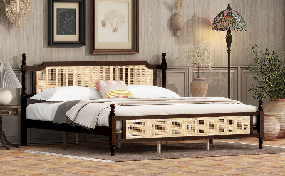 King Pine wooden Bed with Rattan Headboard  and Footboard, with  Central Enhanced Bed Platform ,Espresso