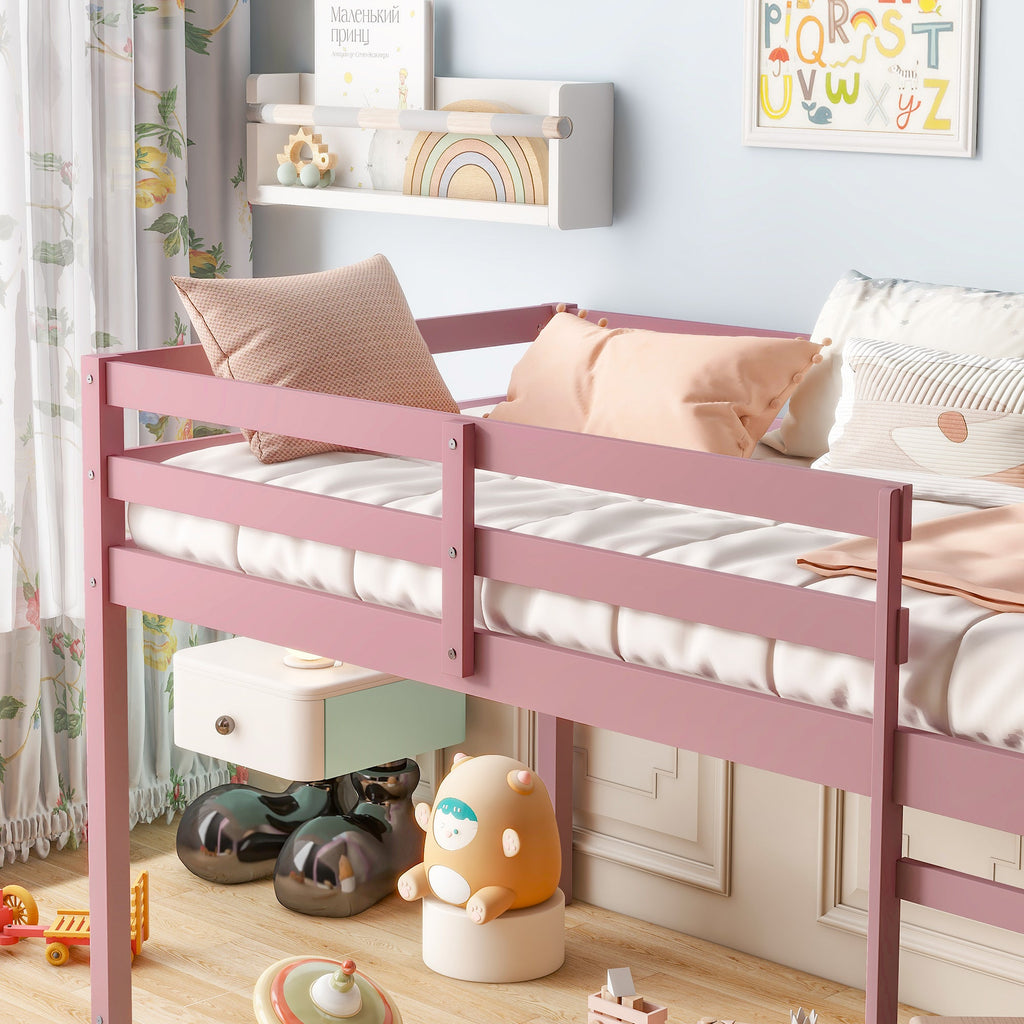Solid Wooden, Rubber Wooden Twin Loft Bed with Ladder, Bed Platform of Strengthened Slats, Pink