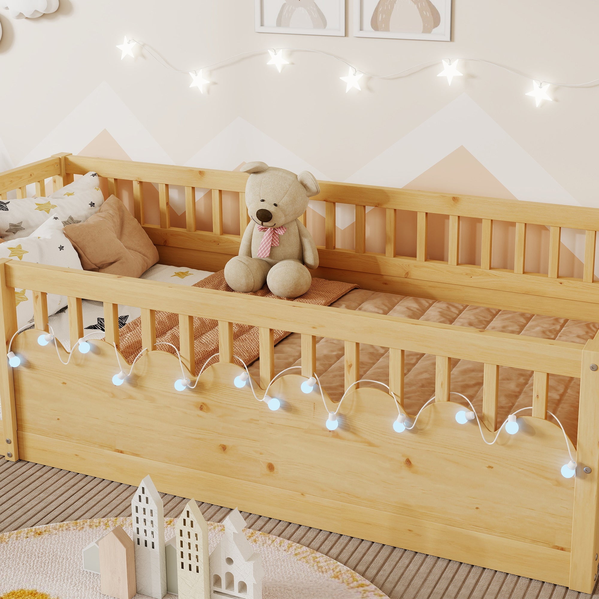 Twin Montessori Floor Bed Frame with High Rails, Wood Kids Floor Beds with Light and Storage Shelf, Natural (Expect Arrival Date 2025/8/15)