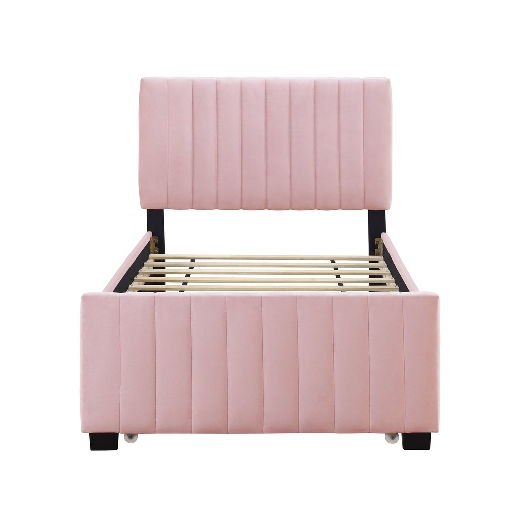 Twin Size Velvet Upholstered Platform Bed with Twin Size Trundle, Pink