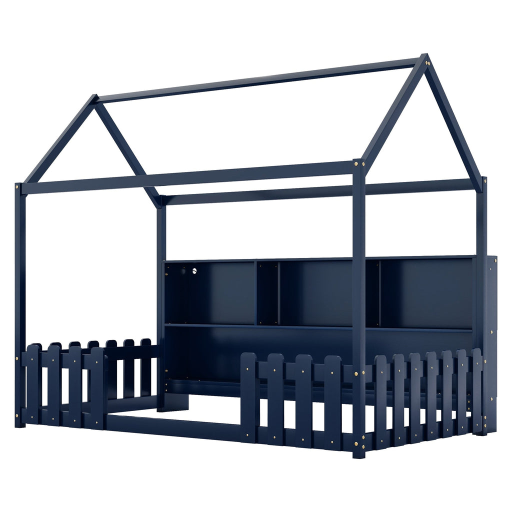 Twin Size House Bed with LED Light, Wood House Bed with Storage Bookshelf, Floor House Bed with Guardrails for Kids, Navy Blue (Expect Arrival Date 2025/3/14)