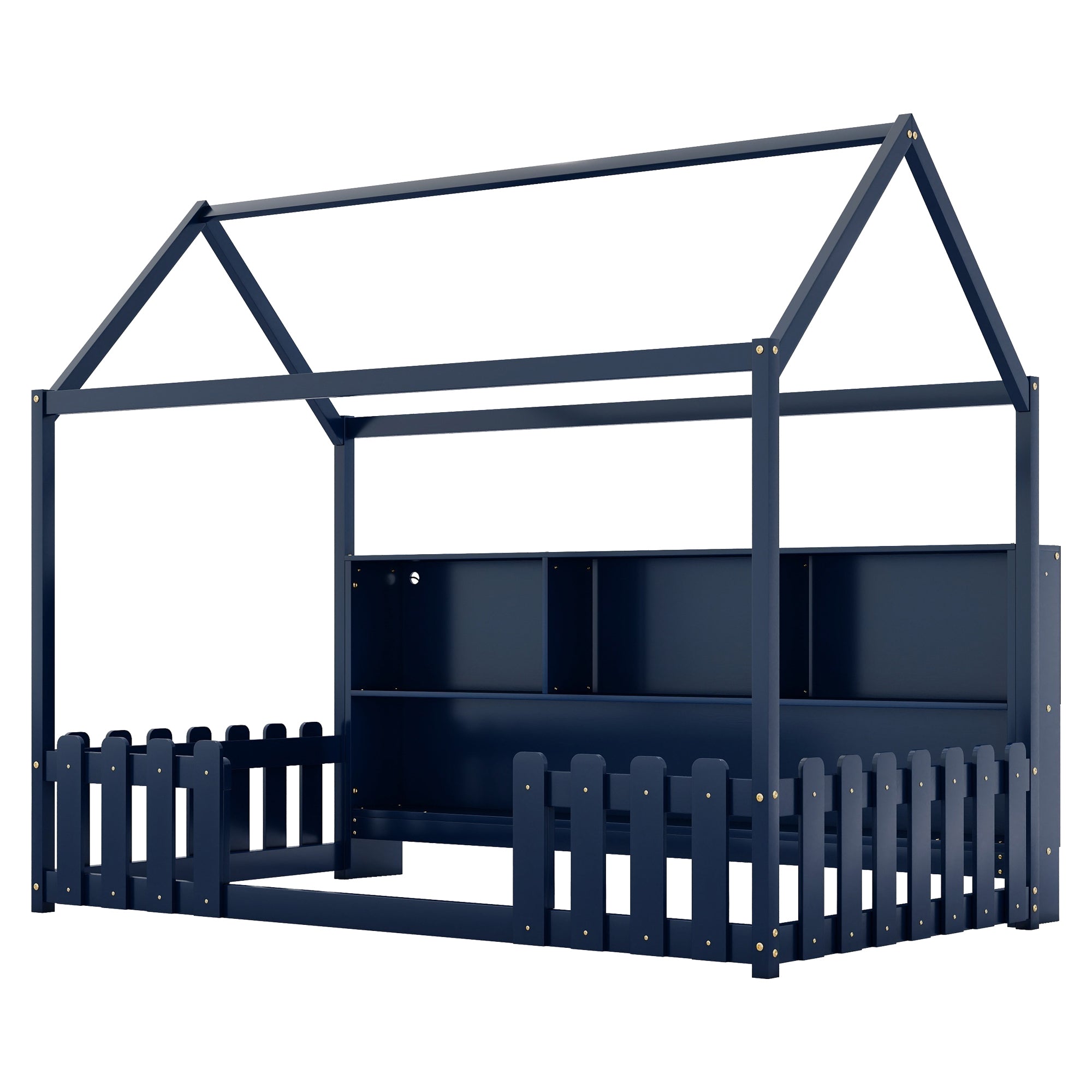 Twin Size House Bed with LED Light, Wood House Bed with Storage Bookshelf, Floor House Bed with Guardrails for Kids, Navy Blue (Expect Arrival Date 2025/3/14)