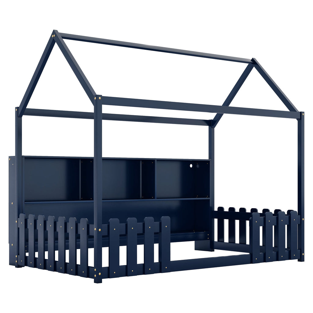 Twin Size House Bed with LED Light, Wood House Bed with Storage Bookshelf, Floor House Bed with Guardrails for Kids, Navy Blue (Expect Arrival Date 2025/3/14)