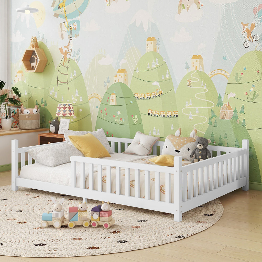 Full House Bed with Light, Low Floor House Bed with Fence and Roof for Kids Boys Girls,White(Expect arrive date 2025/7/20)