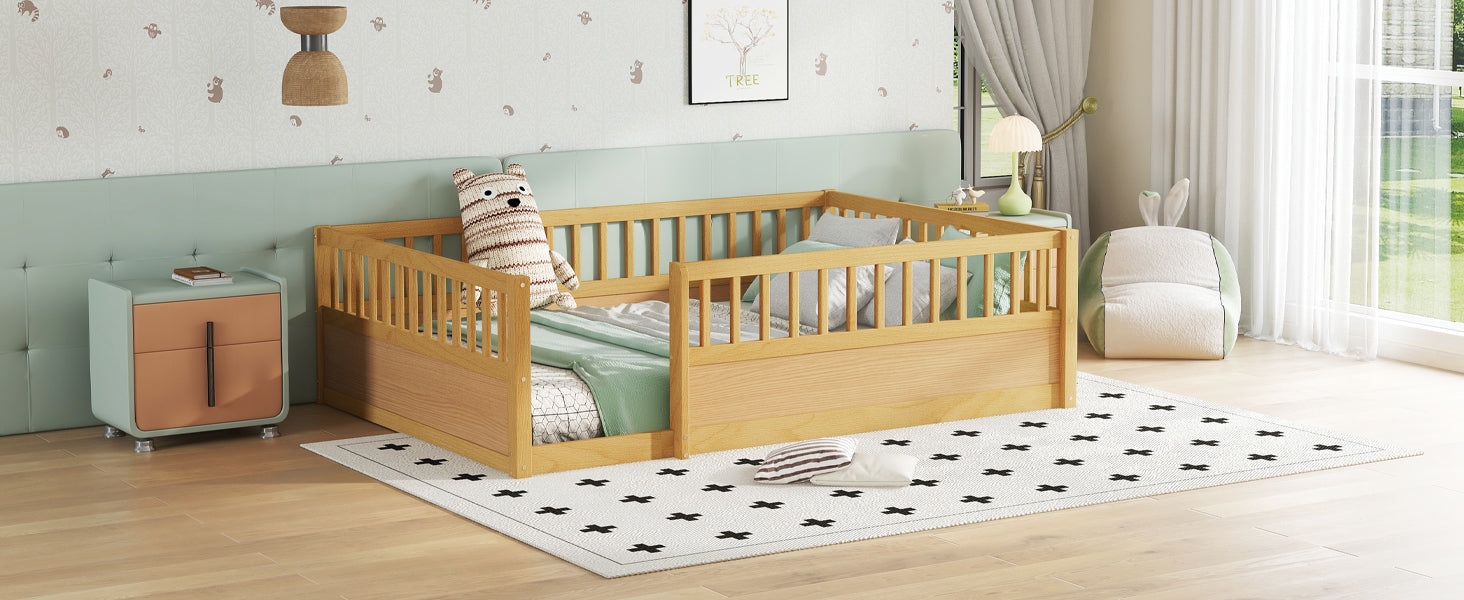 Full Floor Bed Frame with Fence, Montessori wooden children's floor bed,Wood Kids Floor Beds Frame for Bedroom Playroom,Natural