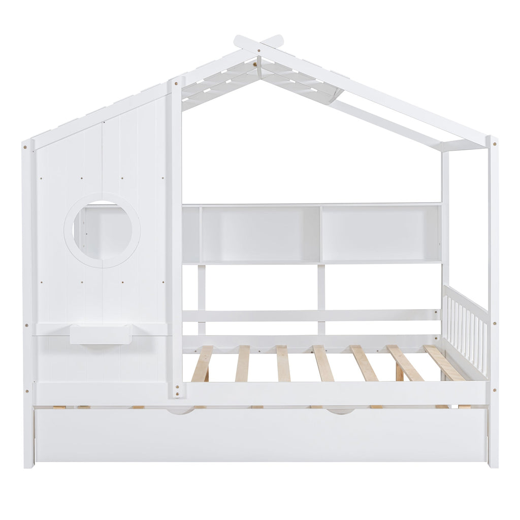 Wooden Full Size House Bed With Trundle, Modern Design for Kids with Storage Shlef, White(old SKU HL000095AAW)