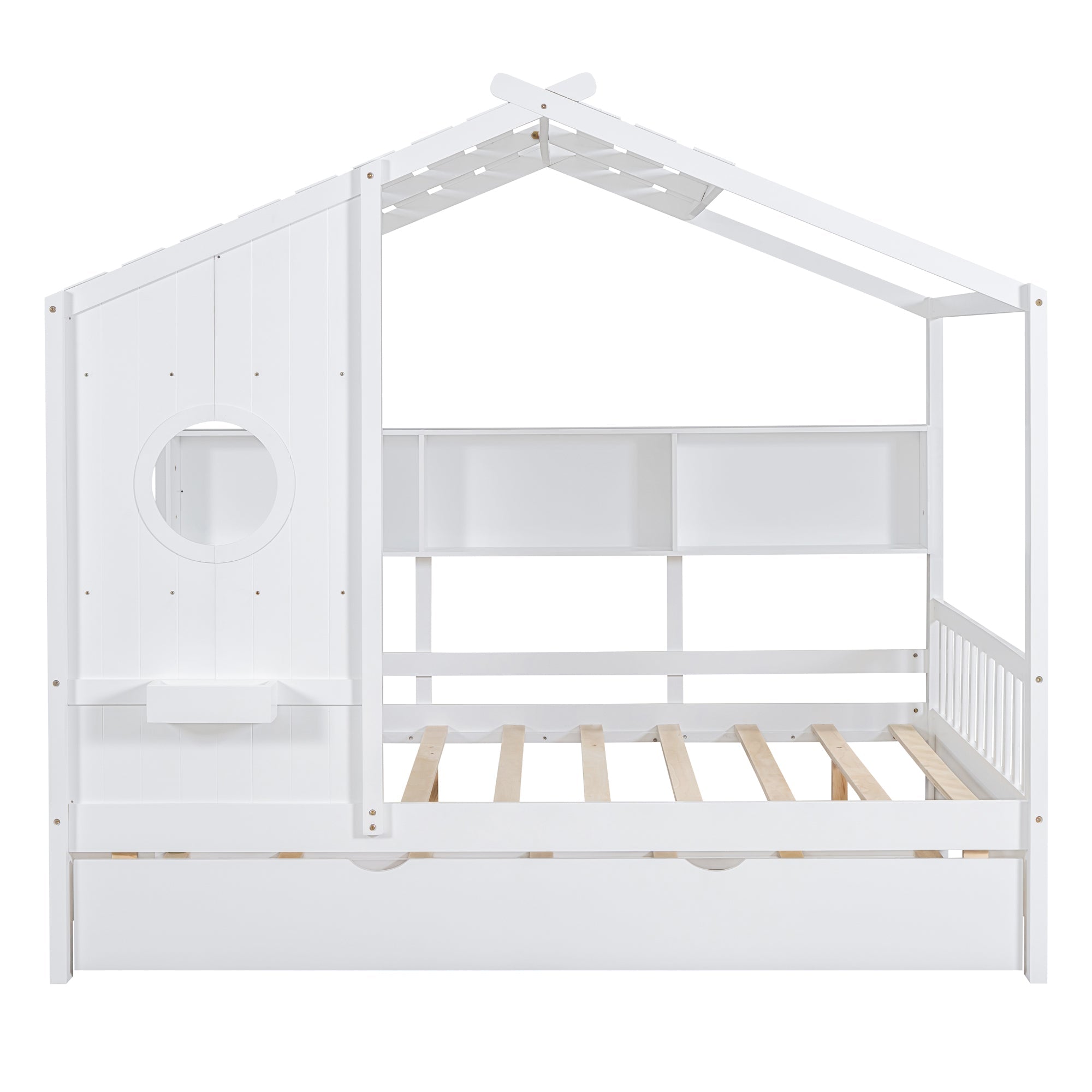 Wooden Full Size House Bed With Trundle, Modern Design for Kids with Storage Shlef, White(old SKU HL000095AAW)