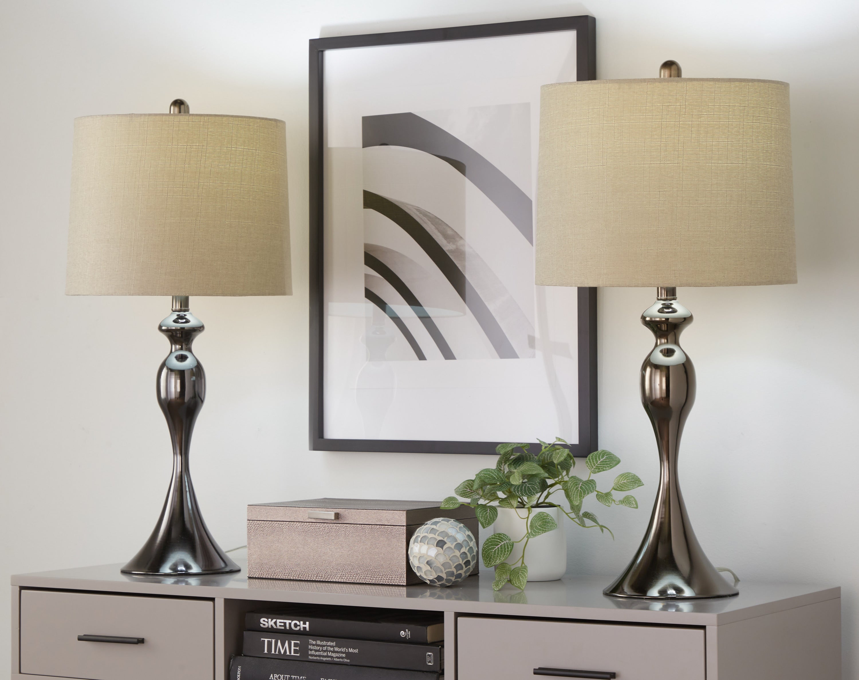 Ashland 27' Contemporary Metal Table Lamp in Gun Metal with Light Grey Textured Slub Linen Shade from Grandview Gallery by LumiSource - Set of 2