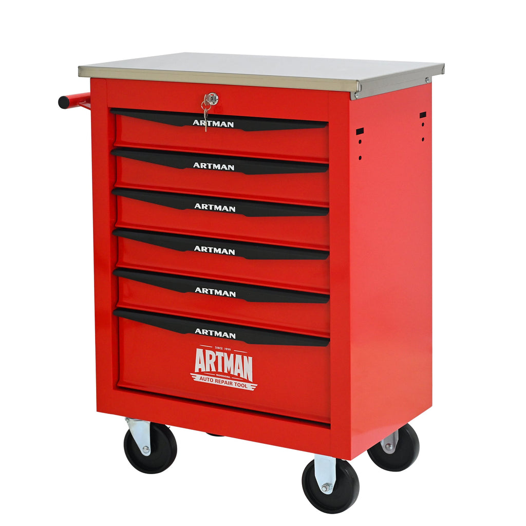 6 Drawers Multifunctional Tool Cart with Wheels,Metal Rolling Tool Cart Storage for Garage Workshop Warehouse Repair Shop--With Stainless Steel Roof- Red&Black
