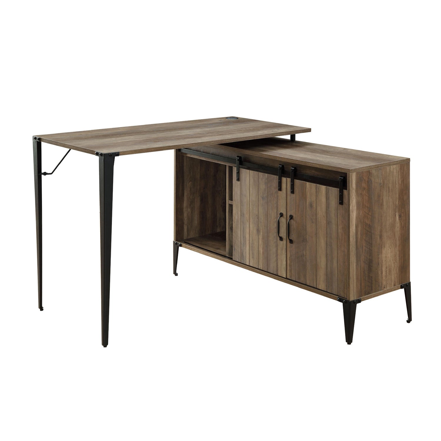 L-Shape Writing Desk with Side Cabinet, Rustic Oak and Black
