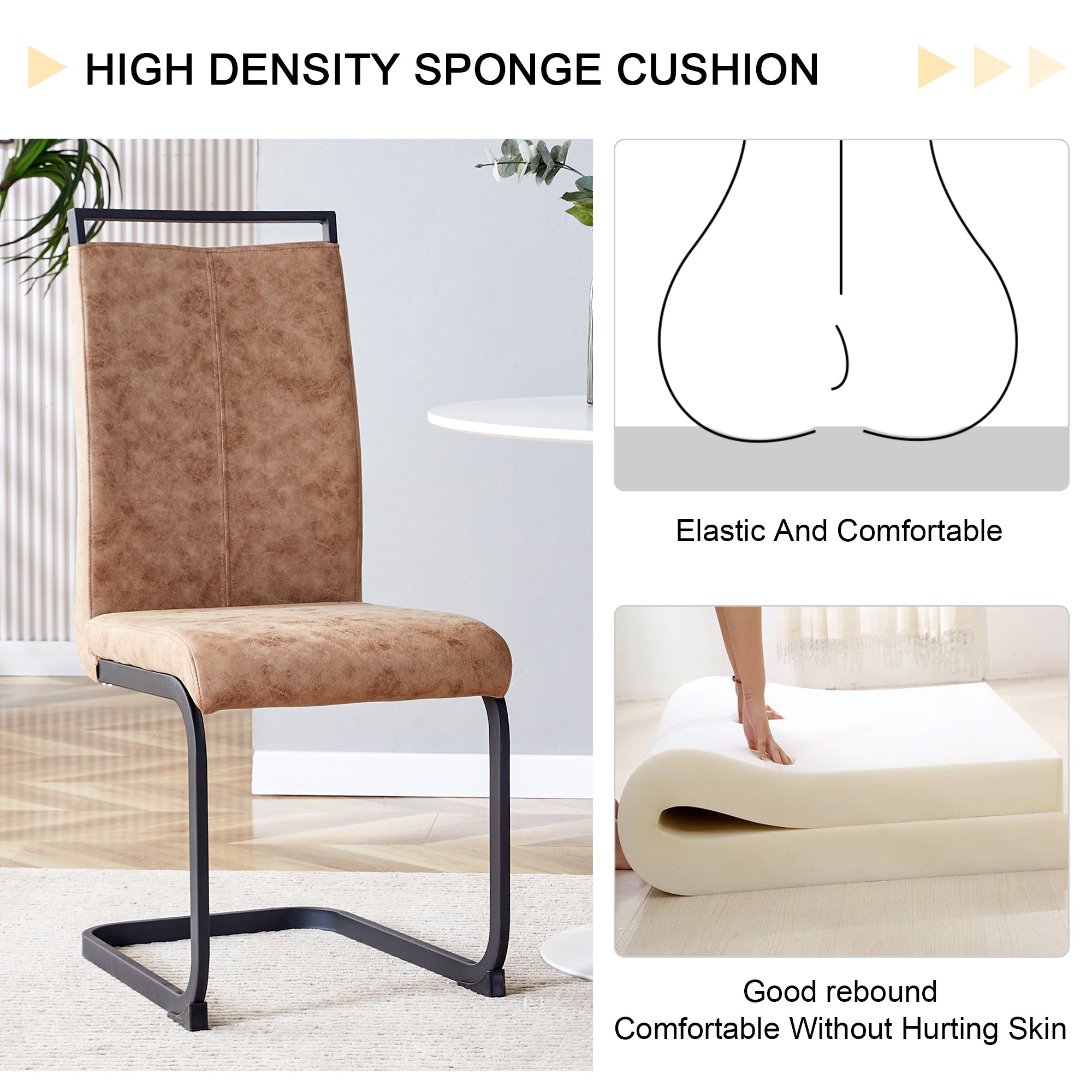 Modern Dining Chairs, Technology cloth High Back Upholstered Side Chair with C-shaped Tube Black Metal Legs for Dining Room Kitchen Vanity  Club Guest Office chair (Set of 4)Brown 1162