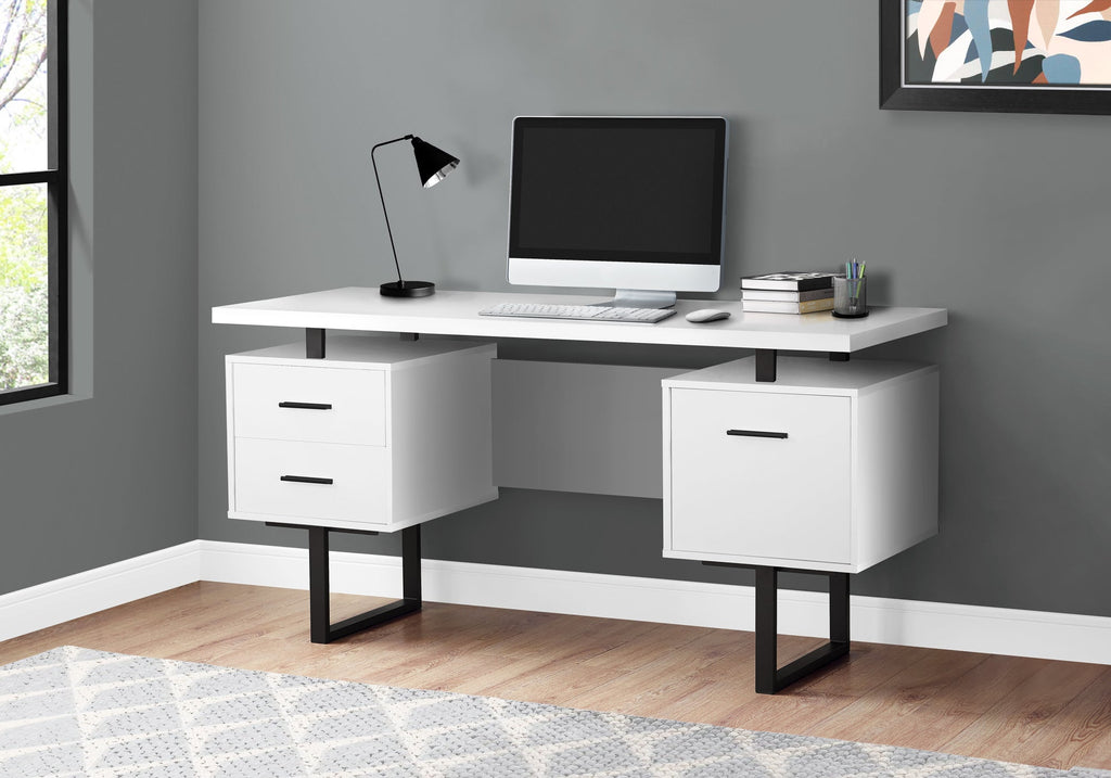 Computer Desk, Home Office, Laptop, Left, Right Set-up, Storage Drawers, 60'l, Work, White Laminate, Black Metal, Contemporary, Modern