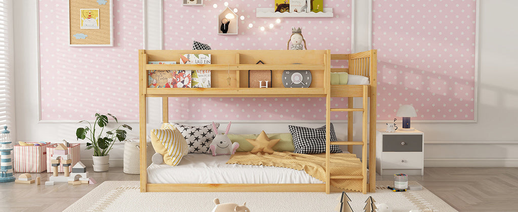 Low Twin Over Twin Bunk Bed, Floor Bunk Bed with Ladder, Solid Wood Twin Bunk Bed for Kids & Juniors, Natural(Expect Arrival Date 2025/11/25)