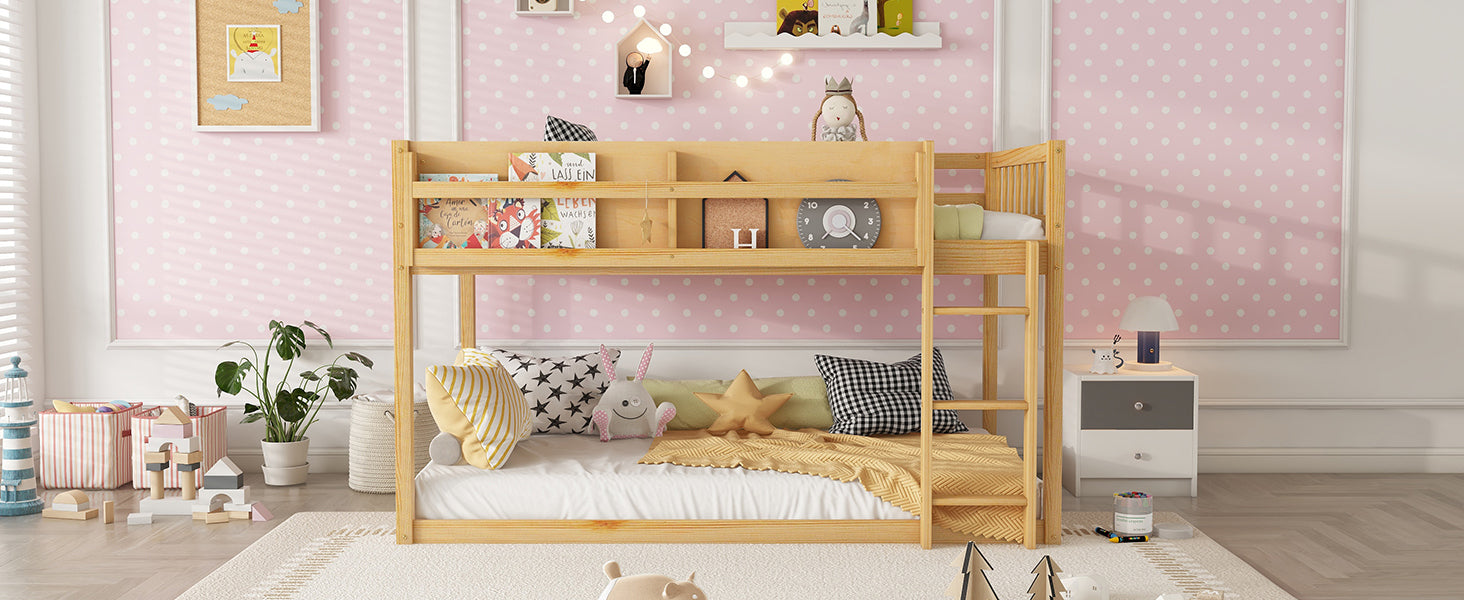 Low Twin Over Twin Bunk Bed, Floor Bunk Bed with Ladder, Solid Wood Twin Bunk Bed for Kids & Juniors, Natural(Expect Arrival Date 2025/11/25)