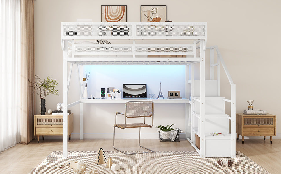 Queen Loft Bed with Desk and Charging Station, Queen Size Metal Loft Bed with Stairs and Light for Kids Teens,White(Old SKU W2580S00033)