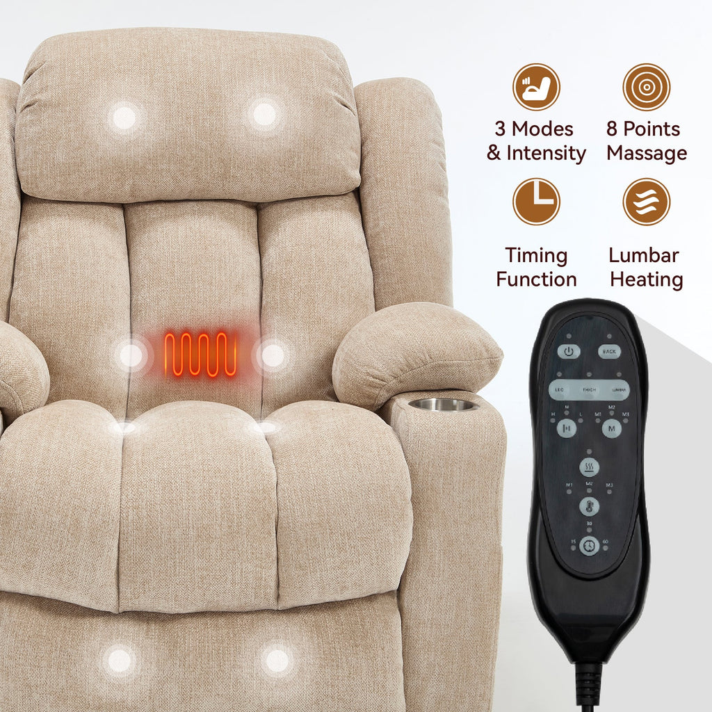 Up to 350 LBS Chenille Power Lift Recliner Chair, Heavy Duty Motion Mechanism with 8-Point Vibration Massage and Lumbar Heating, USB and Type-C Ports, Stainless Steel Cup Holders, Beige